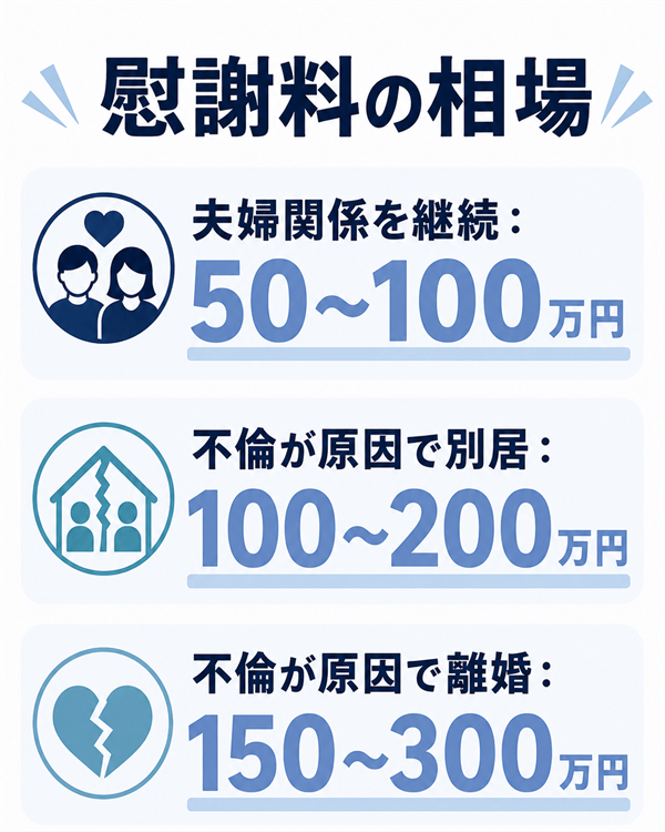 慰謝料の相場
夫婦関係を継続:50~100万円
不倫が原因で別居:100~200万円
不倫が原因で離婚:150~300万円