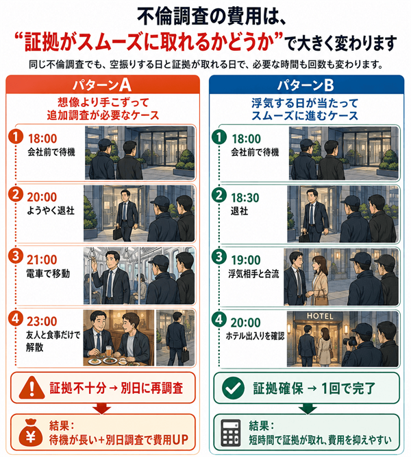 左：パターンA
18:00 会社前で待機
20:00 ようやく退社
21:00 電車で移動
23：00　友人と食事だけで解散
証拠不十分 → 別日に再調査
結果：待機が長い＋別日調査で費用UP
右：パターンB
18:00 会社前で待機
18:30 退社
19:00 浮気相手と合流
20:00 ホテル出入りを確認
証拠確保 → 1回で完了